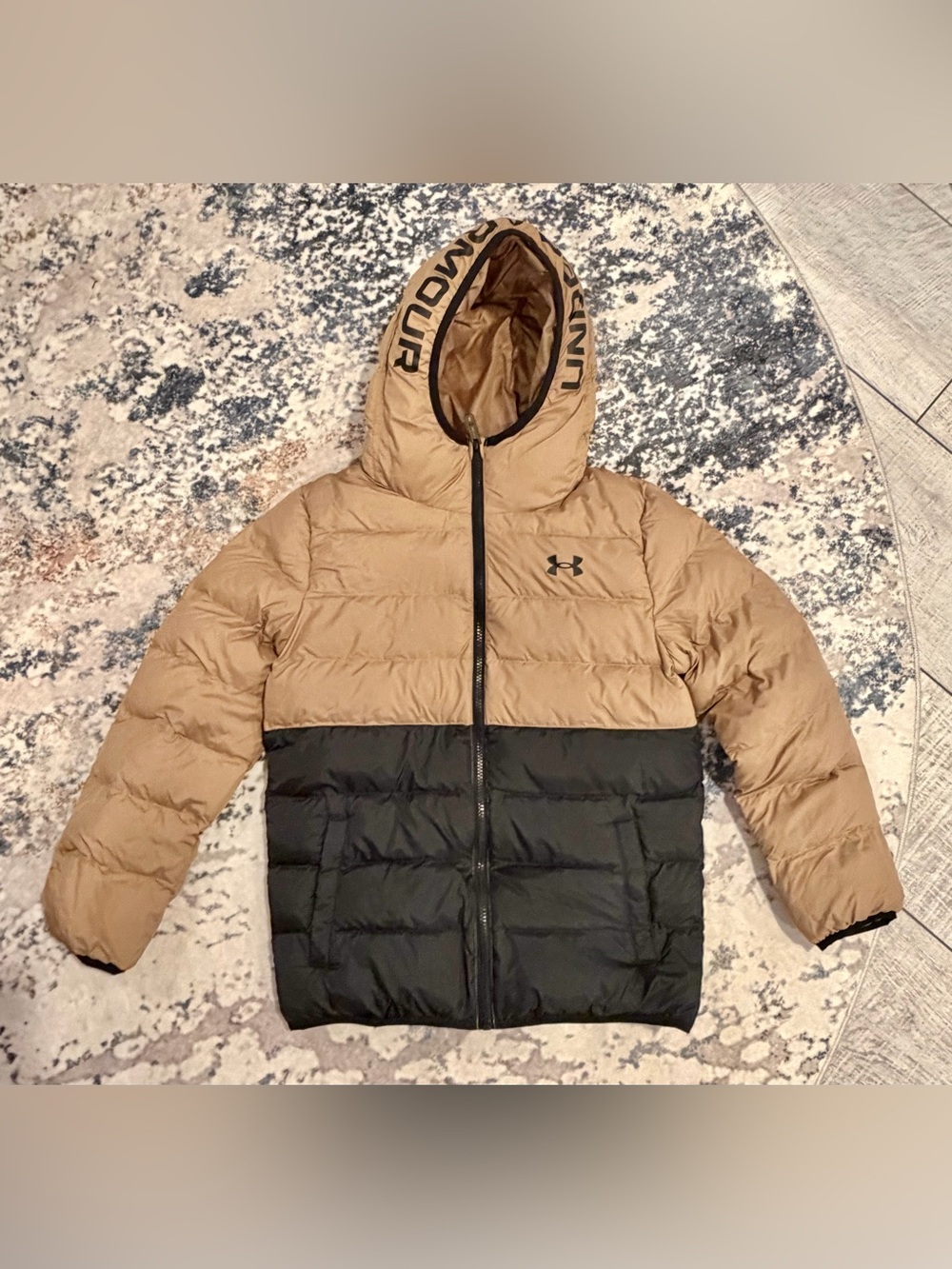 Under Armour Tan Black Hooded Puffer Jacket YouthM